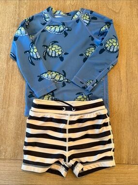 Tea Collection Blue Turtle Rashguard Set with Black and White Stripe Shorts